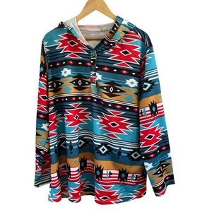 Southwestern Aztec Print Henley Hoodie 2XL Teal Red Geometric Tribal Boho